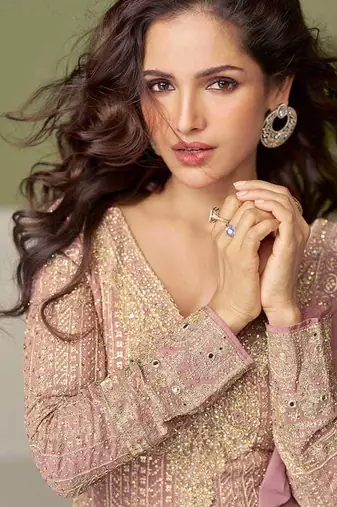 Faux georgette light pink embroidered readymade palazzo suit semi stitched up to 42" size