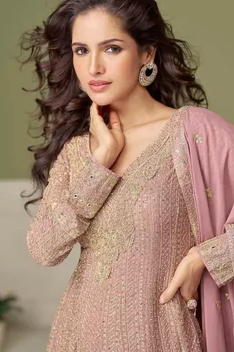Faux georgette light pink embroidered readymade palazzo suit semi stitched up to 42" size