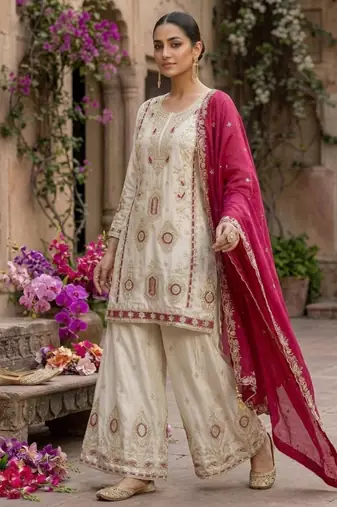 Chinon white and crimson salwar set