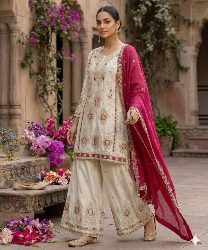 Chinon white and crimson salwar set