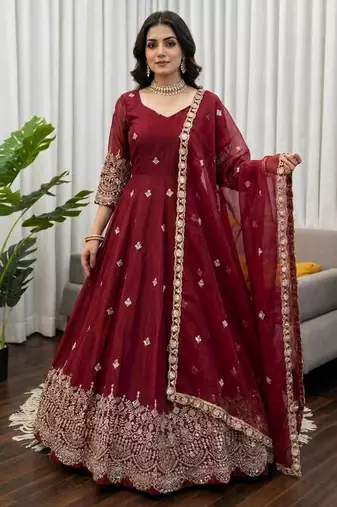 Maroon silk blend anarkali set