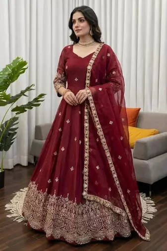 Maroon silk blend anarkali set