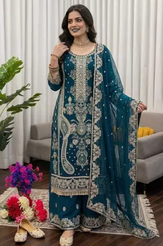 Georgette dark teal embroidered velvet suit