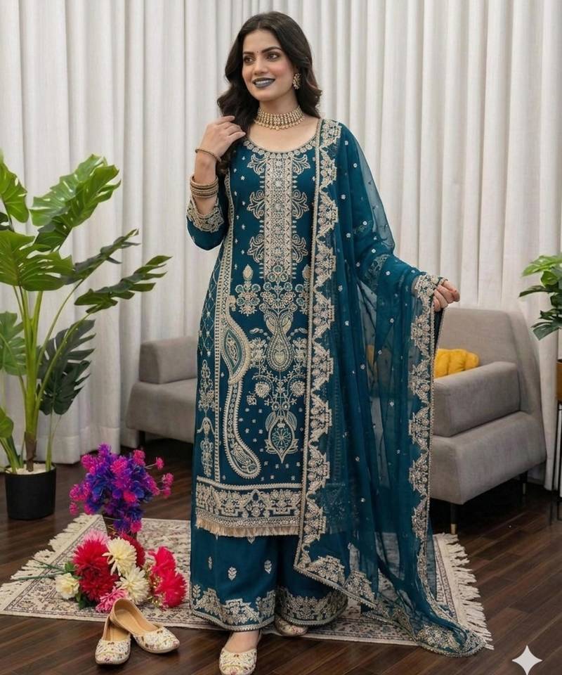 Georgette dark teal embroidered velvet suit