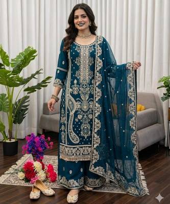 Georgette dark teal embroidered velvet suit 3
