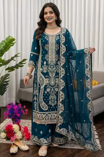 Georgette dark teal embroidered velvet suit