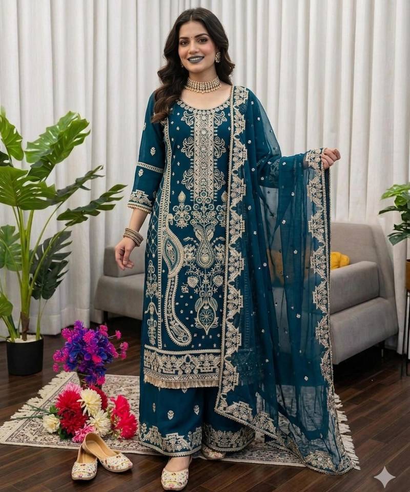 Georgette dark teal embroidered velvet suit