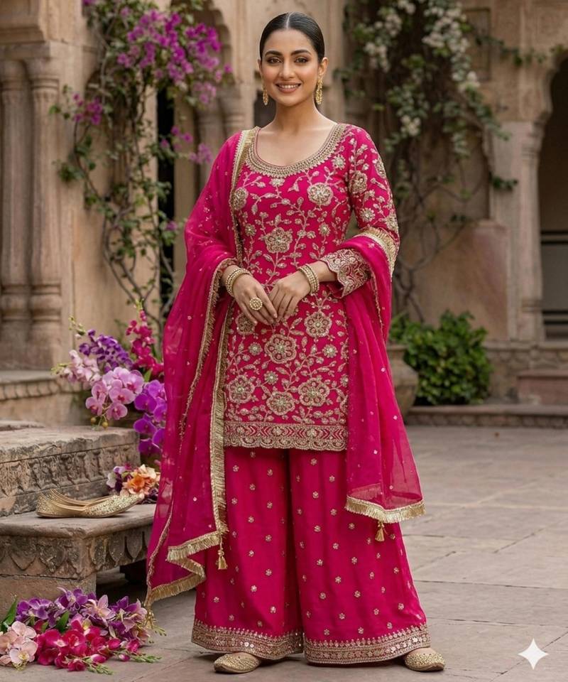 Georgette pink embroidered palazzo set
