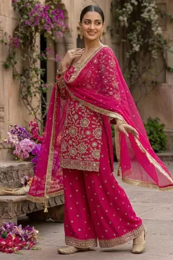 Georgette pink embroidered palazzo set