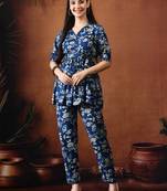 Blue floral printed shirt collar tunic with trousers
