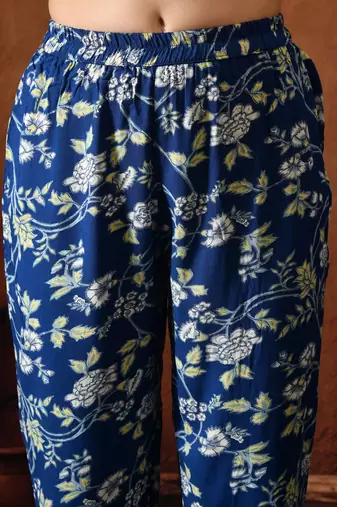 Blue floral printed shirt collar tunic with trousers