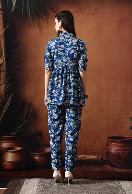 Blue floral printed shirt collar tunic with trousers 3