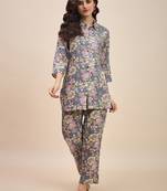 Grey & pink printed shirt collar co ords set