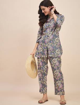 Grey & pink printed shirt collar co ords set 2