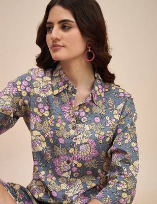 Grey & pink printed shirt collar co ords set 5