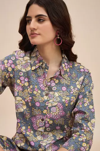 Grey & pink printed shirt collar co ords set