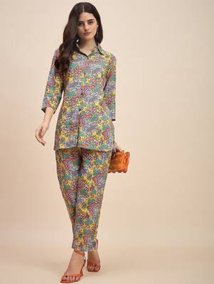 Floral printed shirt collar tunic with trousers 1