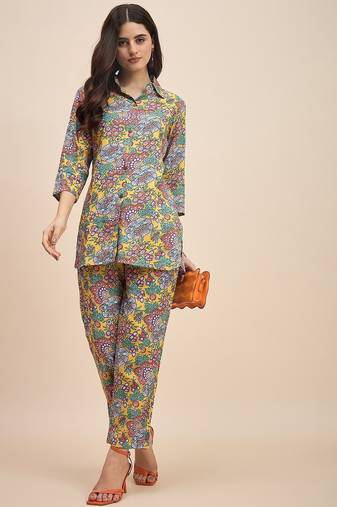 Floral printed shirt collar tunic with trousers