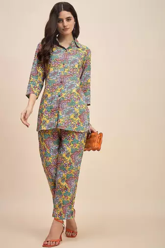 Floral printed shirt collar tunic with trousers