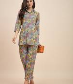 Floral printed shirt collar tunic with trousers