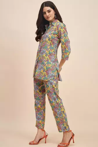 Floral printed shirt collar tunic with trousers
