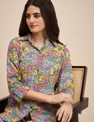 Floral printed shirt collar tunic with trousers 5