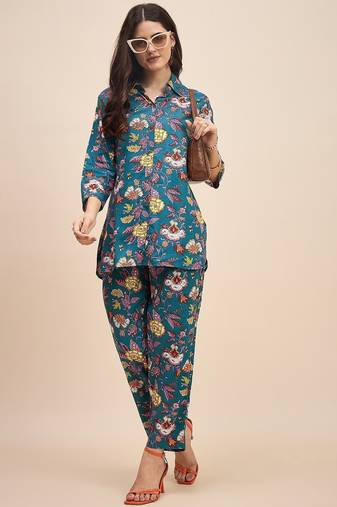 Floral printed cotton tunic & trousers set