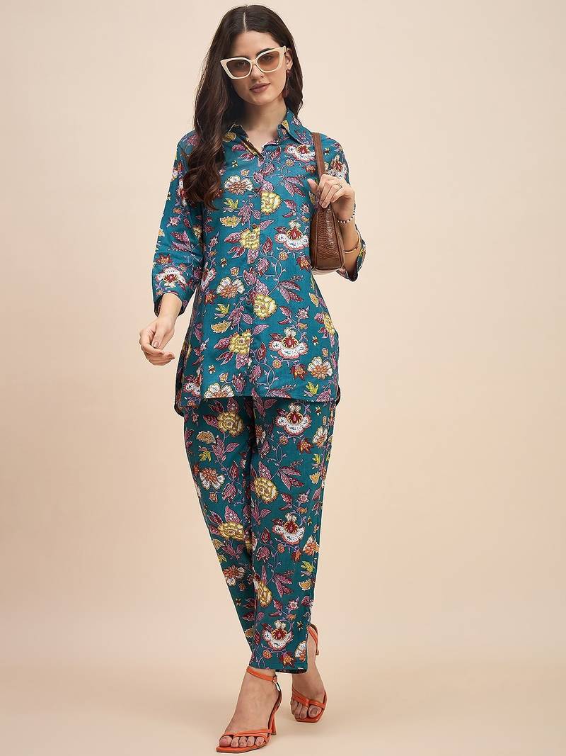 Floral printed cotton tunic & trousers set