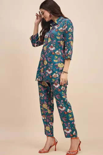 Floral printed cotton tunic & trousers set