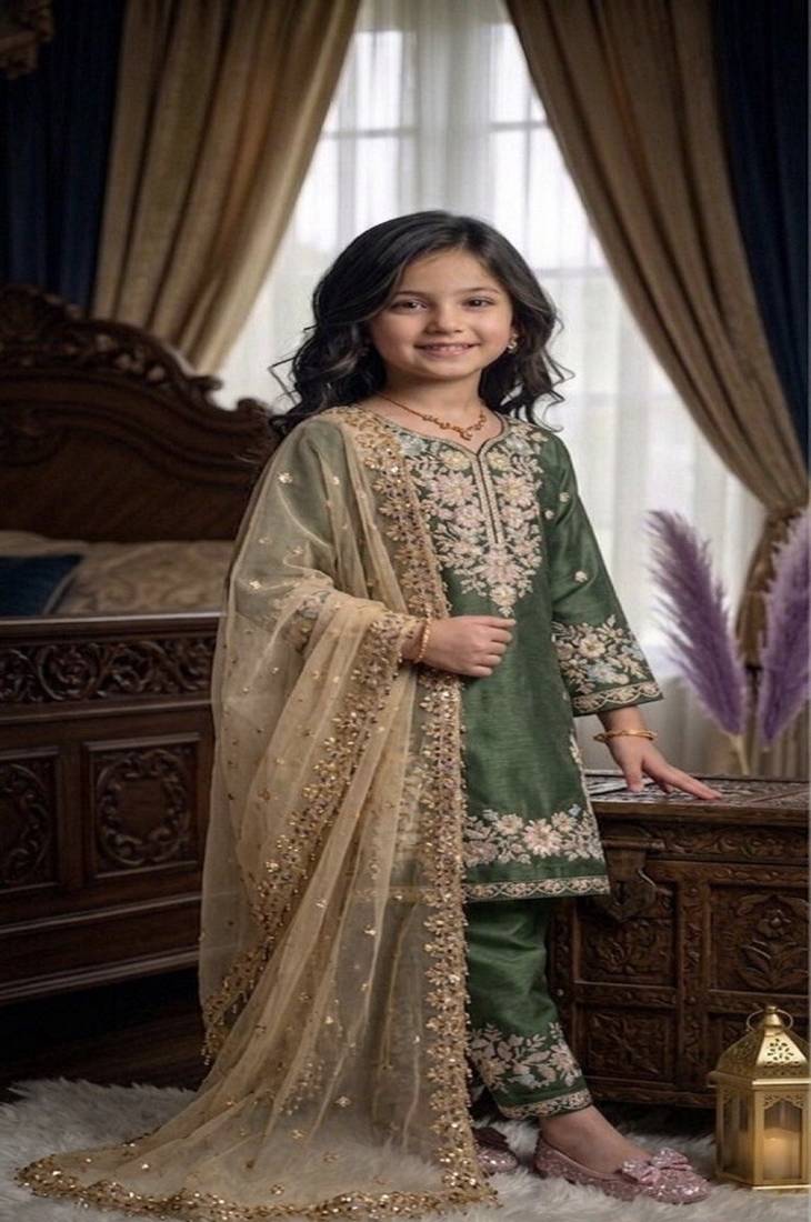 Trendy stylish kids wear heavy embroidery sequence work kurta set