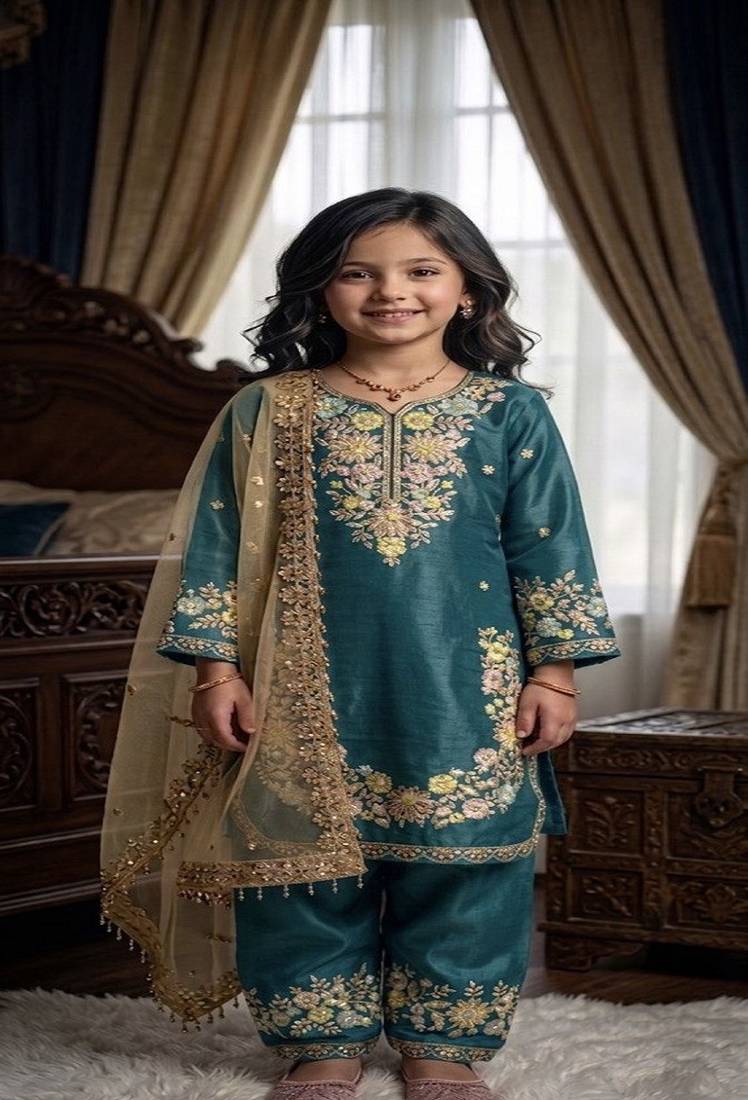 Trendy stylish kids wear heavy embroidery sequence work kurta set