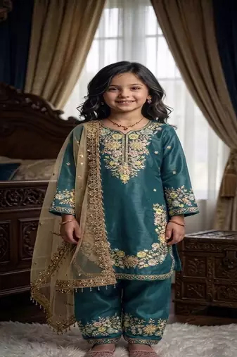 Trendy stylish kids wear heavy embroidery sequence work kurta set