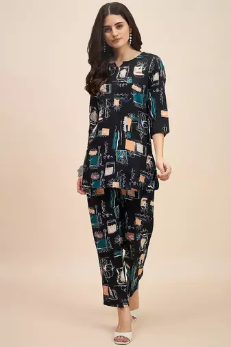 Printed v neck tunic with trousers