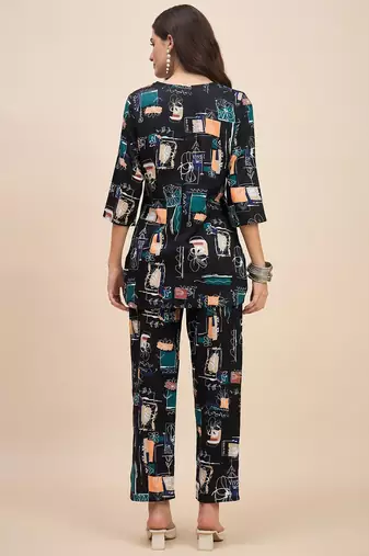 Printed v neck tunic with trousers