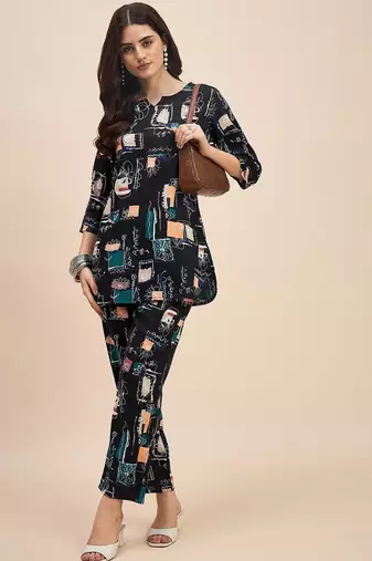 Printed v neck tunic with trousers