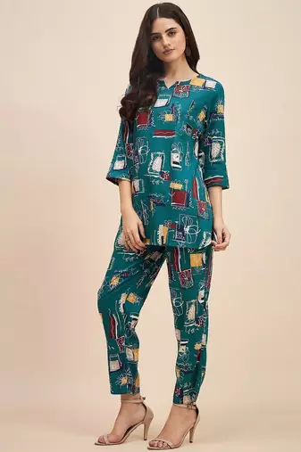 Turquoise printed tunic & trousers co ord