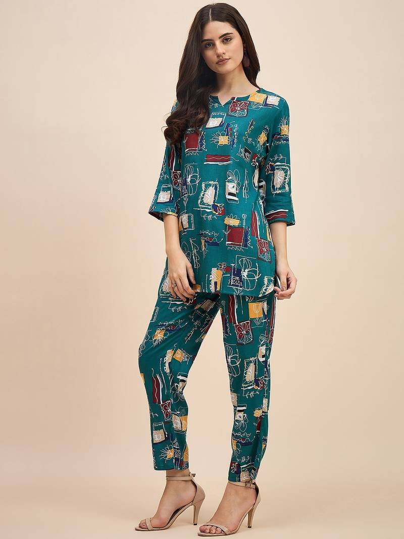 Turquoise printed tunic & trousers co ord