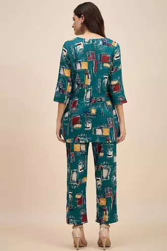 Turquoise printed tunic & trousers co ord