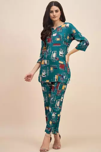 Turquoise printed tunic & trousers co ord