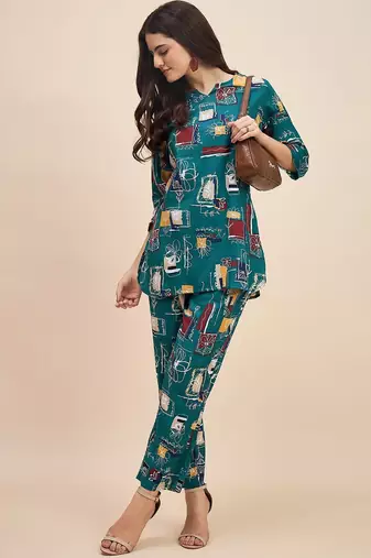 Turquoise printed tunic & trousers co ord