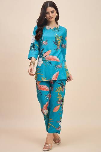 Blue floral printed notch neck tunic & trousers