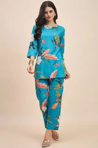 Blue floral printed notch neck tunic & trousers