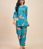 Blue floral printed notch neck tunic & trousers