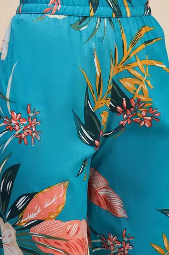 Blue floral printed notch neck tunic & trousers