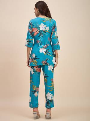 Blue floral printed notch neck tunic & trousers 3
