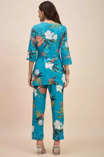 Blue floral printed notch neck tunic & trousers