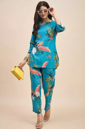 Blue floral printed notch neck tunic & trousers