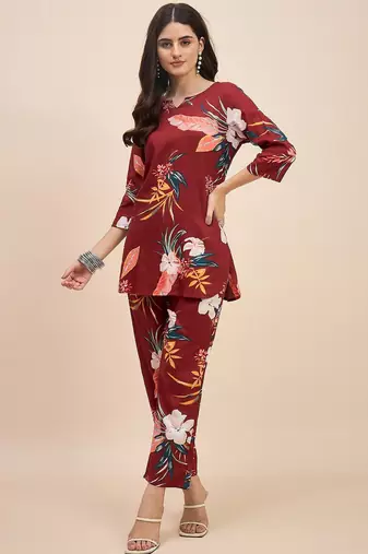 Maroon floral printed notch neck tunic with trousers