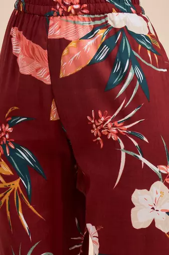 Maroon floral printed notch neck tunic with trousers