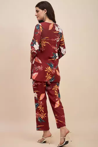 Maroon floral printed notch neck tunic with trousers